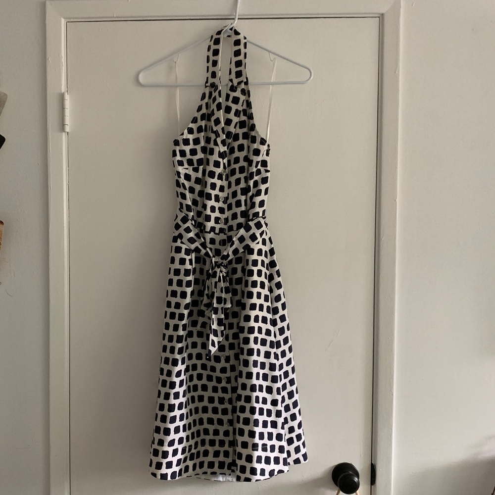 Preppy Navy/ white silk halter dress with collar